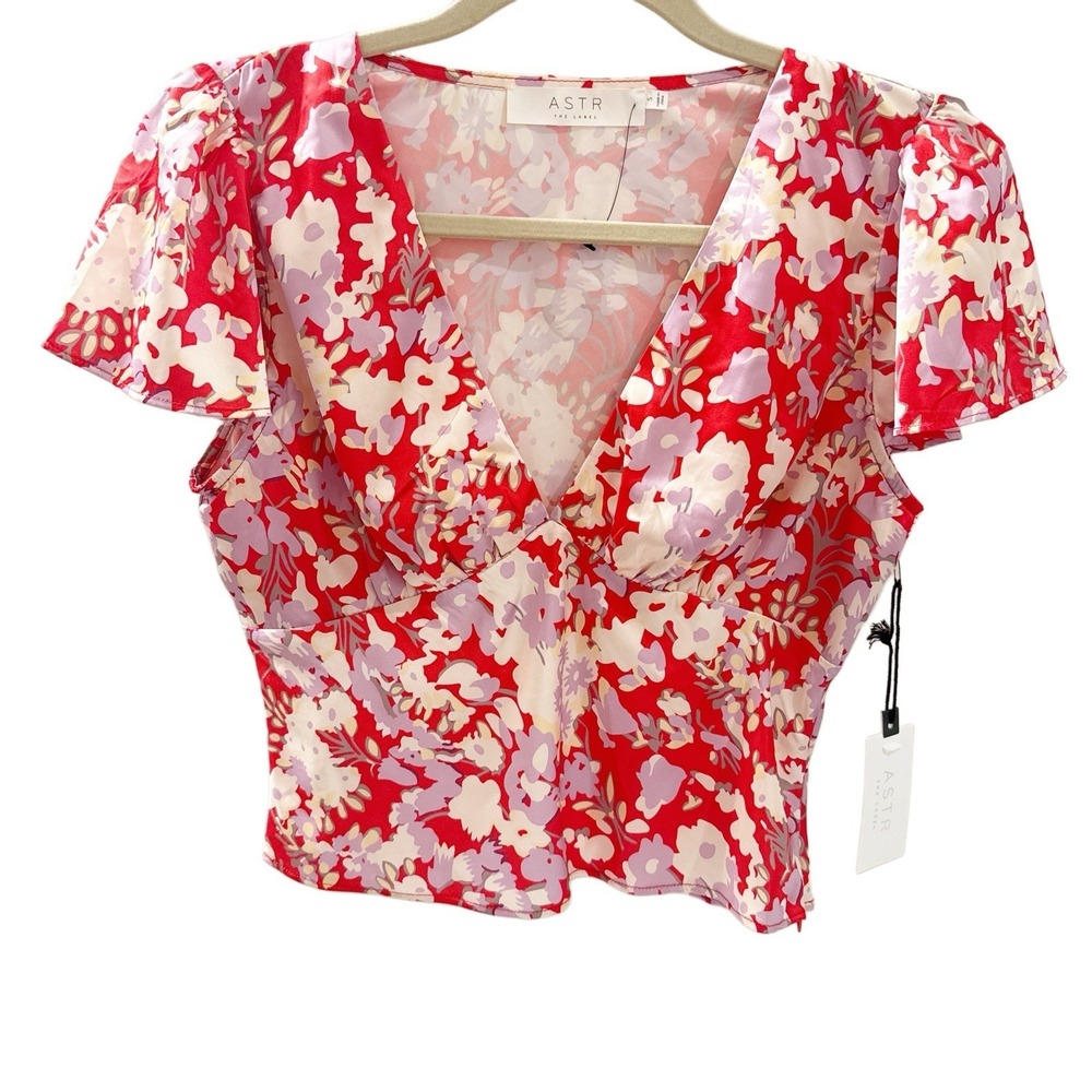 Astr The Label Floral Flutter Sleeve Crop Blouse Red Women's Size S New